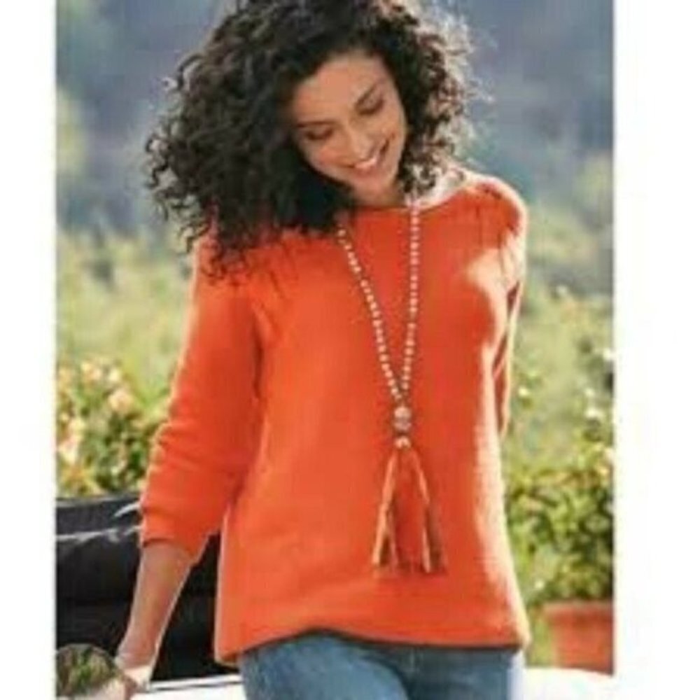 Soft Surroundings Lucinda Orange Pointelle Knit Dolman Sleeve Wool Large Sweater